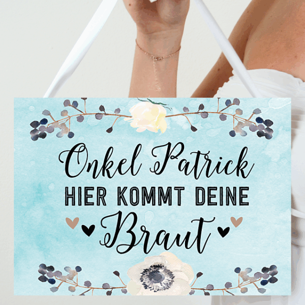Schild für die Hochzeit "Hier kommt die Braut" blaue Wasserfarben