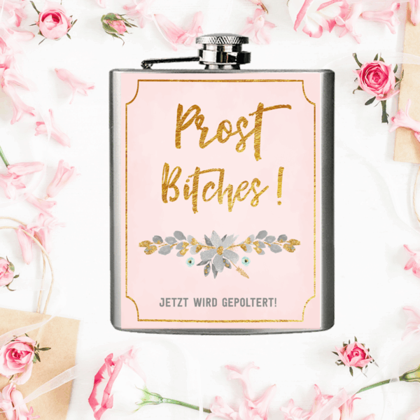Flachmann für den JGA Geschenk für die Braut rosa/gold