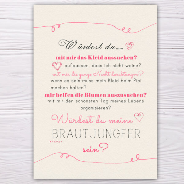 Postkarte für Brautjungfer oder Trauzeugin in sand/rosa – Bild 2