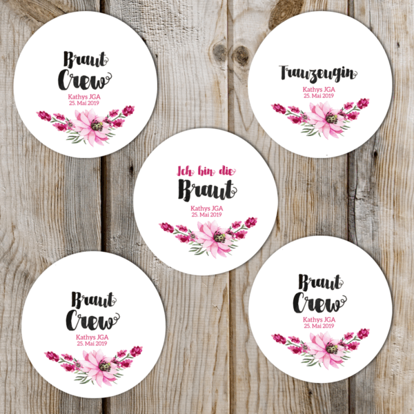 Buttons für den Junggesellenabschied in rosa/pink/Blumen