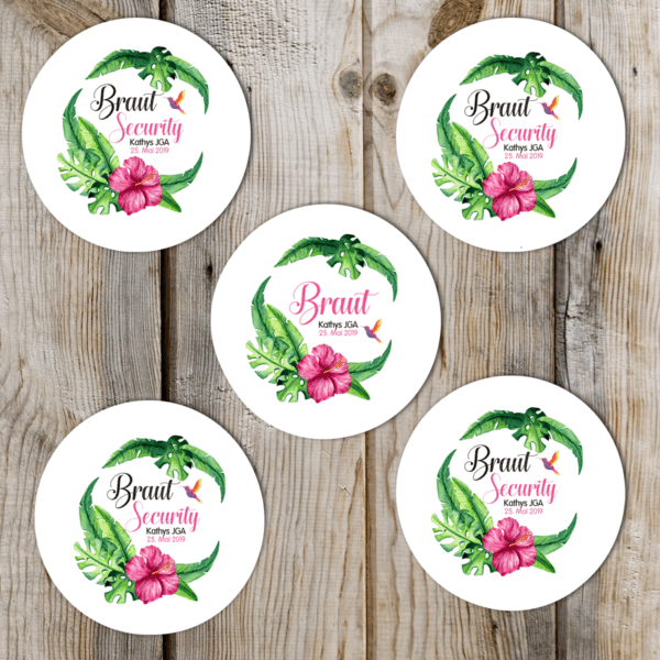 Buttons für den Junggesellenabschied in rosa/grün Hawaii
