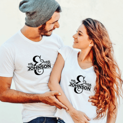 Paar T-Shirts "Mr & Mrs" + Nachname personalisiert