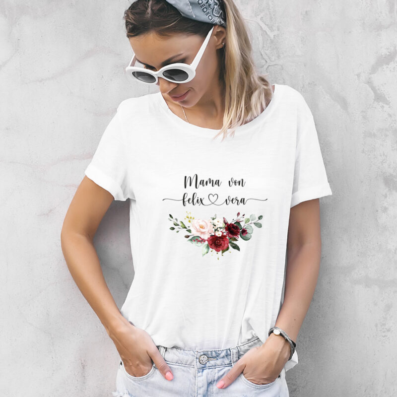 personalisiertes Damen T-Shirt "Mama von" mit Blumen aus 100% Baumwolle – Bild 3