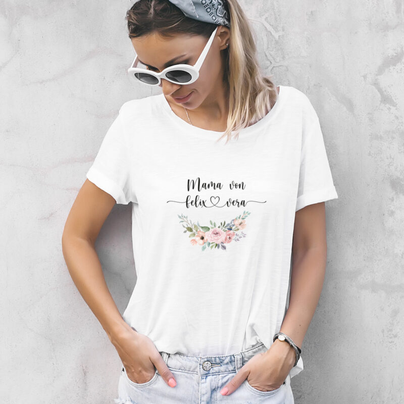 personalisiertes Damen T-Shirt "Mama von" mit Blumen aus 100% Baumwolle – Bild 3