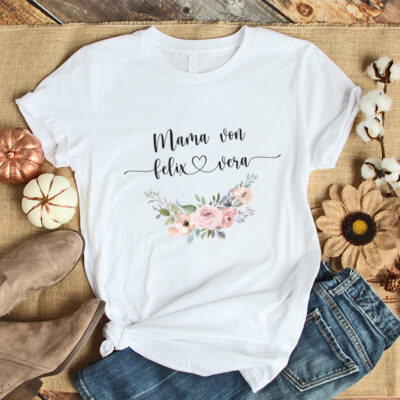 personalisiertes Damen T-Shirt "Mama von" mit Blumen aus 100% Baumwolle