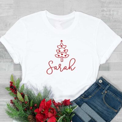 personalisierte Familien T-Shirts Name mit Christbaum aus 100% Baumwolle für Weihnachten