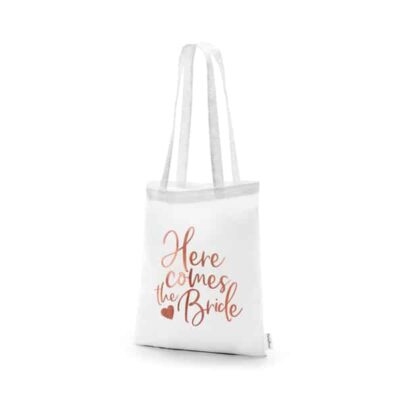 Stofftasche weiß - Here comes the Bride - rosegold