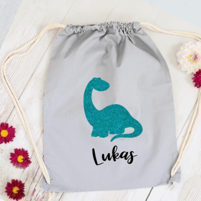 Kinder Turnbeutel Dino + Name aus 100% Baumwolle
