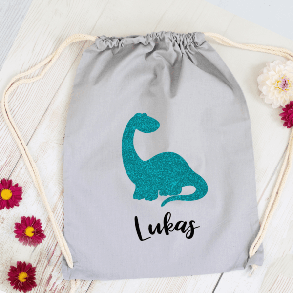 Kinder Turnbeutel Dino + Name aus 100% Baumwolle