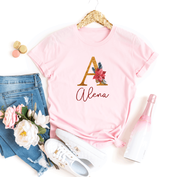 personalisiertes T-Shirt mit Name und Initiale rot/gold – Bild 2