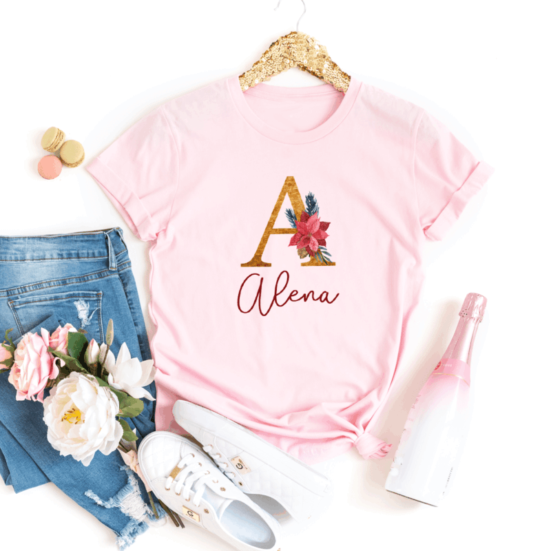 personalisiertes T-Shirt mit Name und Initiale rot/gold – Bild 2