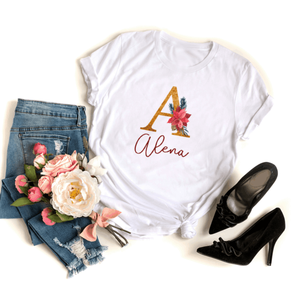 personalisiertes T-Shirt mit Name und Initiale rot/gold – Bild 4