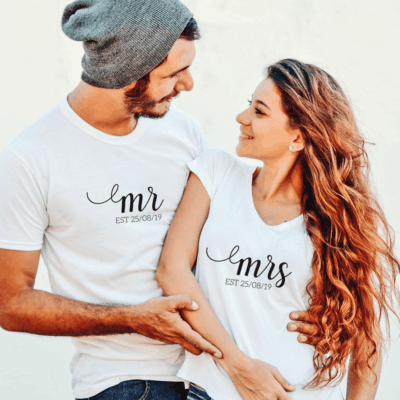 Paar T-Shirts "Mr & Mrs" + Datum personalisiert