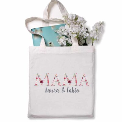 Personalisierte Tasche weiß "MAMA" mit Kindernamen Flowerbomb aus 100% Baumwolle
