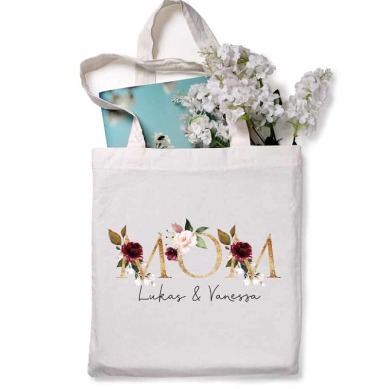 Personalisierte Tasche weiß "MOM" mit Kindernamen Gold/Duneklrot aus 100% Baumwolle – Bild 2