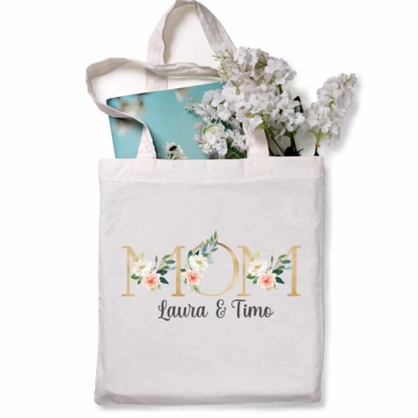 Personalisierte Tasche weiß "MOM" mit Kindernamen Gold/Modern aus 100% Baumwolle – Bild 2