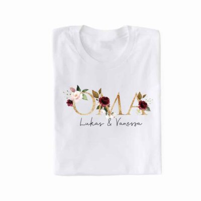 Personalisiertes Damen T-Shirt "Oma" gold/dunkelrot aus 100% Baumwolle