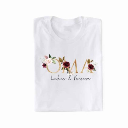 Personalisiertes Damen T-Shirt "Oma" gold/dunkelrot aus 100% Baumwolle