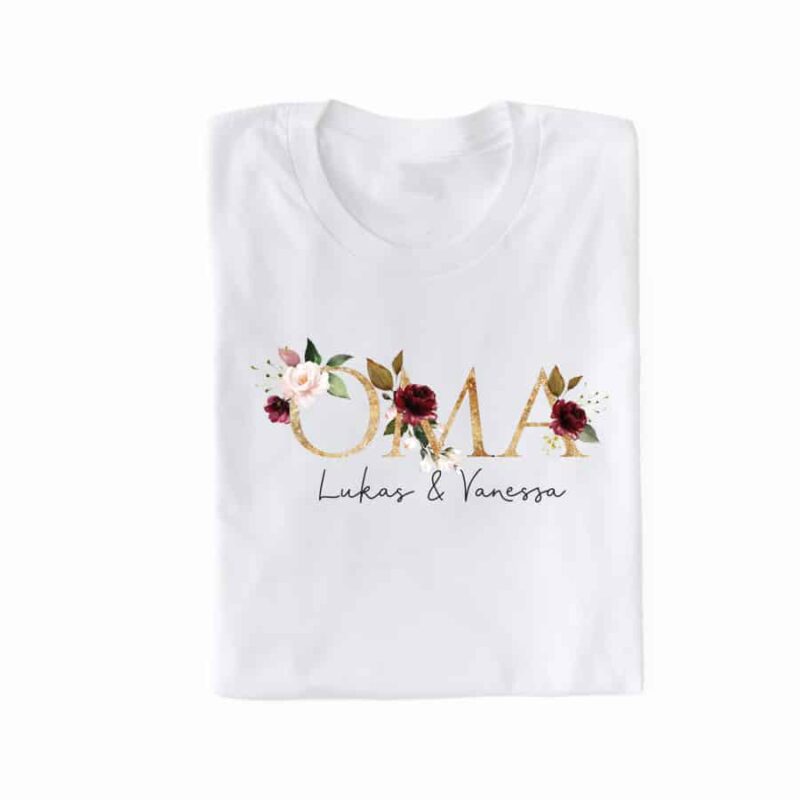 Personalisiertes Damen T-Shirt "Oma" gold/dunkelrot aus 100% Baumwolle
