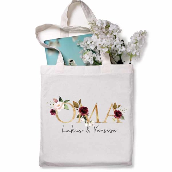 Personalisierte Tasche weiß "OMA" mit Kindernamen Gold/Dunkelrot aus 100% Baumwolle – Bild 2
