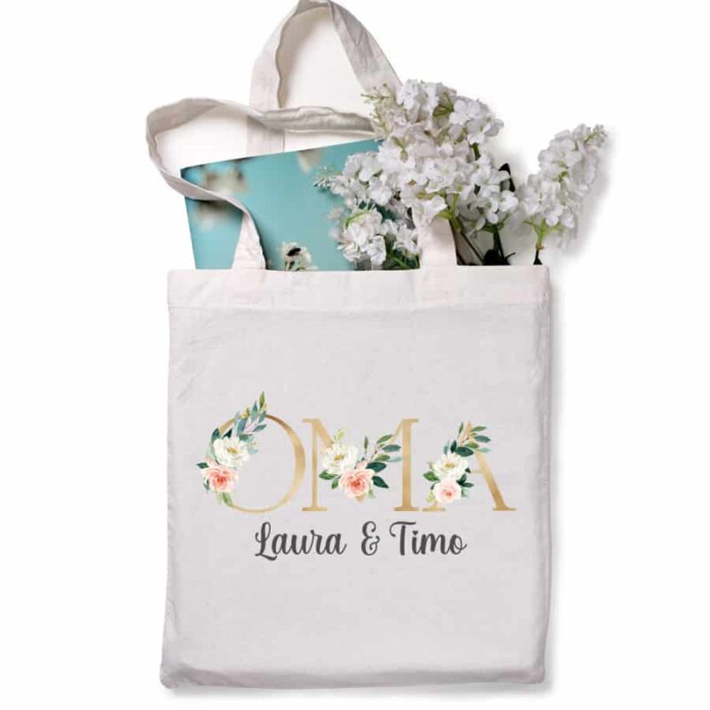 Personalisierte Tasche weiß "OMA" mit Kindernamen Gold/Modern aus 100% Baumwolle – Bild 2
