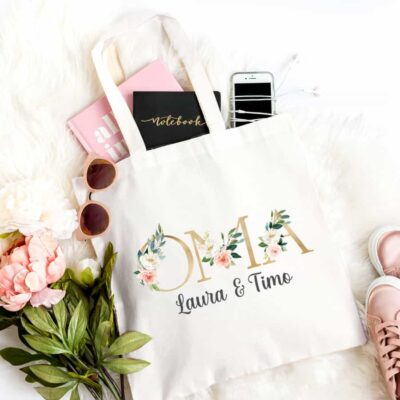 Personalisierte Tasche weiß "OMA" mit Kindernamen Gold/Modern aus 100% Baumwolle