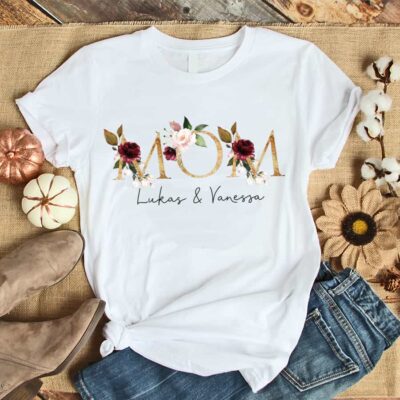 personalisiertes Damen T-Shirt "MOM" gold/dunkelrot aus 100% Baumwolle