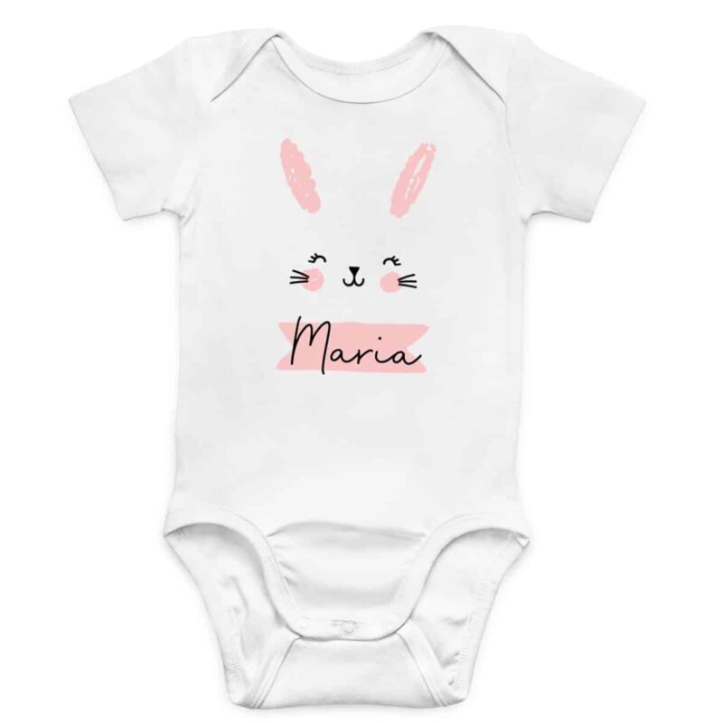 Personalisierter Babybody aus 100% Baumwolle mit Name und Hase rosa – Bild 3