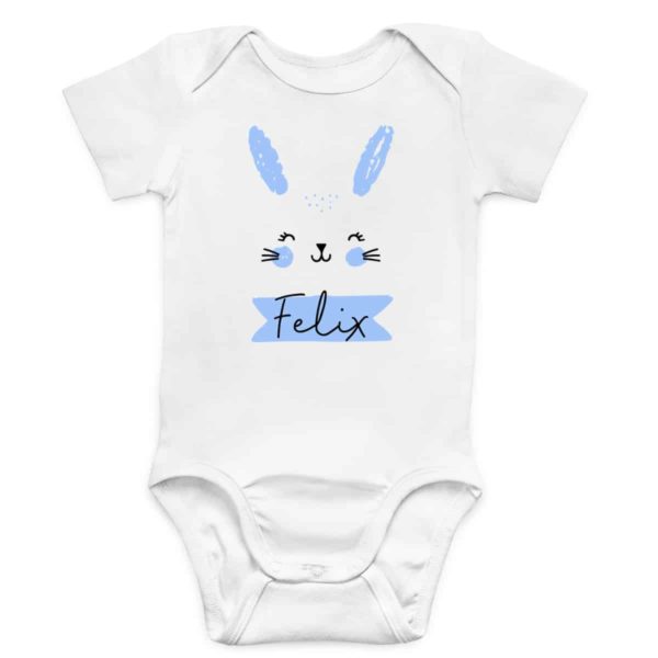 Personalisierter Babybody aus 100% Baumwolle mit Name und Hase blau – Bild 3