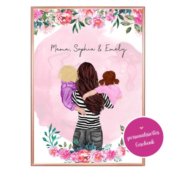 Unser personalisiertes Poster für Mama mit Kindern mit Blumenhintergrund