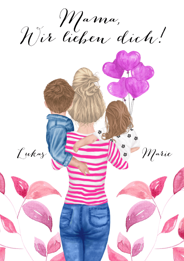 Unser personalisiertes Poster für Mama mit Kindern mit rosa Blumen