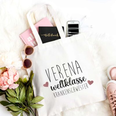 Personalisierte Tasche "weltklasse Krankenschwester" weiß aus 100% Baumwolle
