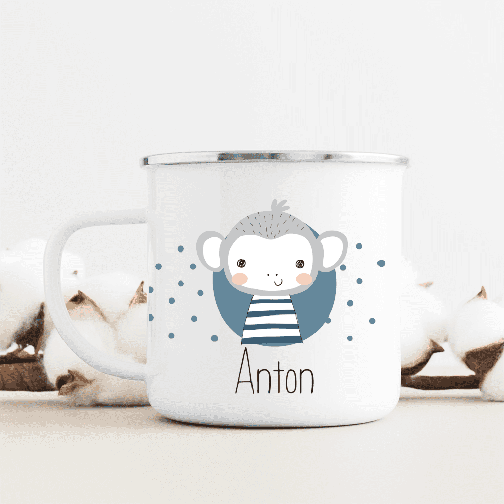 Kinderbecher mit Affe und Name, Kinderbecher, Emaille-Tasse, Trinkbecher, Kinder, personalisiert, mit Namen, Geschenk, Kind, Patenkind, Taufkind, Geburtstag, Weihnachten, Kindertasse, Emailletasse, Geburt