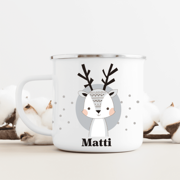 Kinderbecher mit Rentier und Name, Kinderbecher, Emaille-Tasse, Trinkbecher, Kinder, personalisiert, mit Namen, Geschenk, Kind, Patenkind, Taufkind, Geburtstag, Weihnachten, Kindertasse, Emailletasse, Geburt