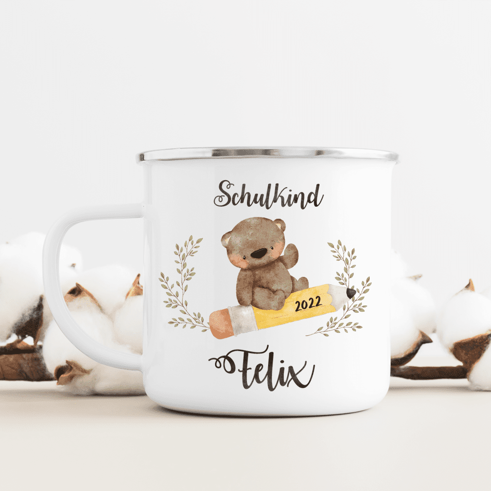 Geschenk, Einschulung, Schulanfang, Volksschule, mit Name des Kindes, Filz, Schulkind, Schulstart, endlich Schule, erster Schultag, Schulkinder, Emaille-Tasse, Tasse, Trinkbecher, Kinderbecher, Geburtstag