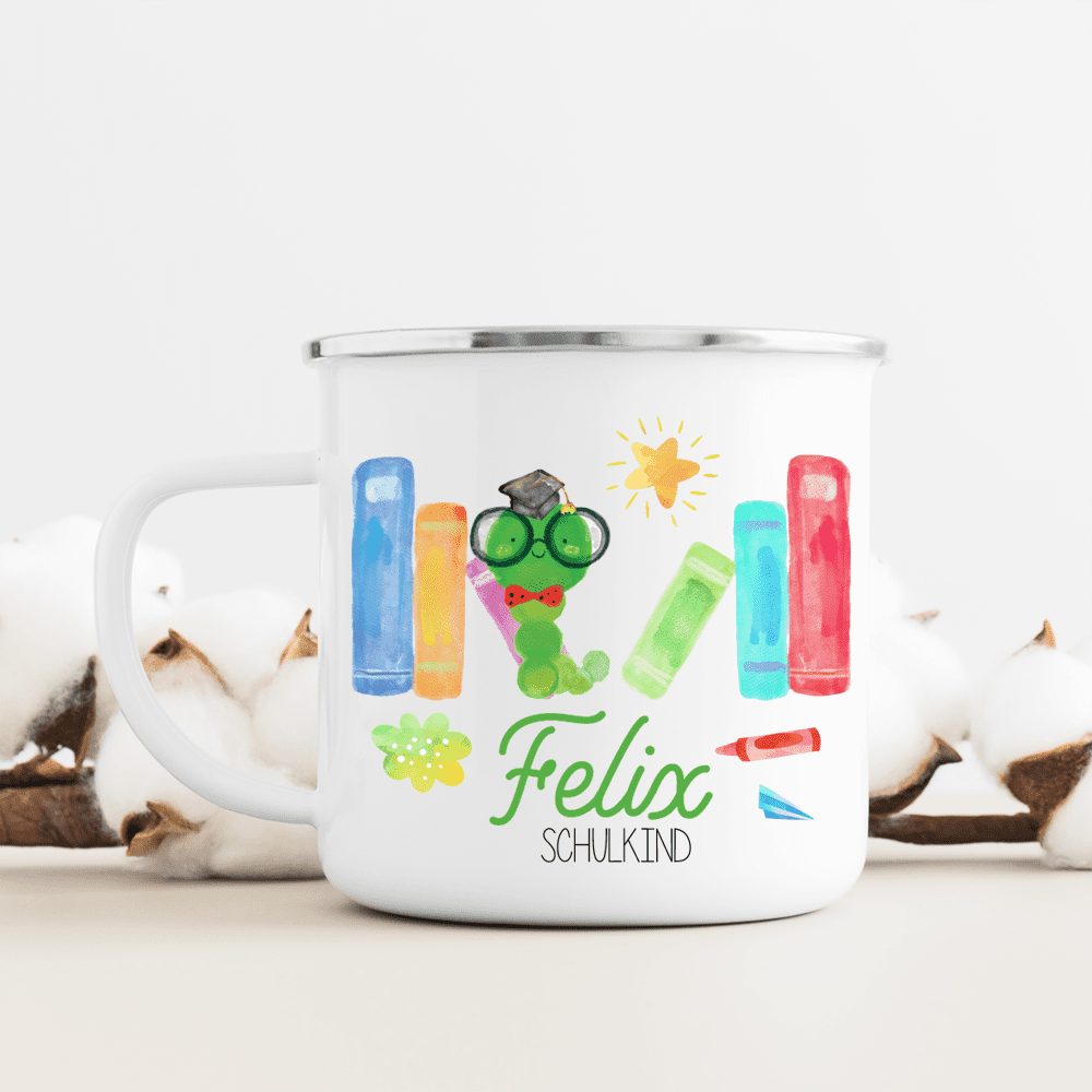 Geschenk, Einschulung, Schulanfang, Volksschule, mit Name des Kindes, Filz, Schulkind, Schulstart, endlich Schule, erster Schultag, Schulkinder, Emaille-Tasse, Tasse, Trinkbecher, Kinderbecher, Geburtstag