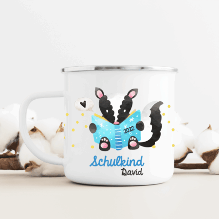 Geschenk, Einschulung, Schulanfang, Volksschule, mit Name des Kindes, Filz, Schulkind, Schulstart, endlich Schule, erster Schultag, Schulkinder, Emaille-Tasse, Tasse, Trinkbecher, Kinderbecher, Geburtstag