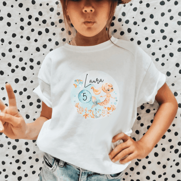 Kinder Shirt, T-Shirt, Kleidung, Kinder-Geburtstag, Einschulung, Party, Mädchen, Meerjungfrau, personalisiert, mit Name, Kindergeburtstag, Partydeko, Partydekoration, Dekoration, Einschulung, Taufe, Geschenk,