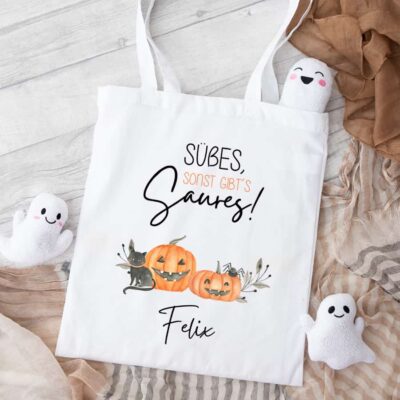 Einkaufs-Tasche, Halloween, Süßes sonst gibts Saures, Trick or Treat, Kostüm, Süßigkeiten, Kürbis, gruselig, Leckerli-Tasche, Beutel, personalisiert, mit Name, Sack, Säckchen, Kinder, Geschenk-Idee, bedruckt, Geist, Trage-Tasche