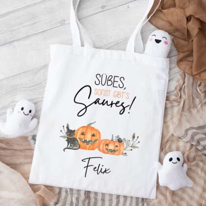 Einkaufs-Tasche, Halloween, Süßes sonst gibts Saures, Trick or Treat, Kostüm, Süßigkeiten, Kürbis, gruselig, Leckerli-Tasche, Beutel, personalisiert, mit Name, Sack, Säckchen, Kinder, Geschenk-Idee, bedruckt, Geist, Trage-Tasche