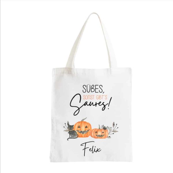 Einkaufs-Tasche, Halloween, Süßes sonst gibts Saures, Trick or Treat, Kostüm, Süßigkeiten, Kürbis, gruselig, Leckerli-Tasche, Beutel, personalisiert, mit Name, Sack, Säckchen, Kinder, Geschenk-Idee, bedruckt, Geist, Trage-Tasche