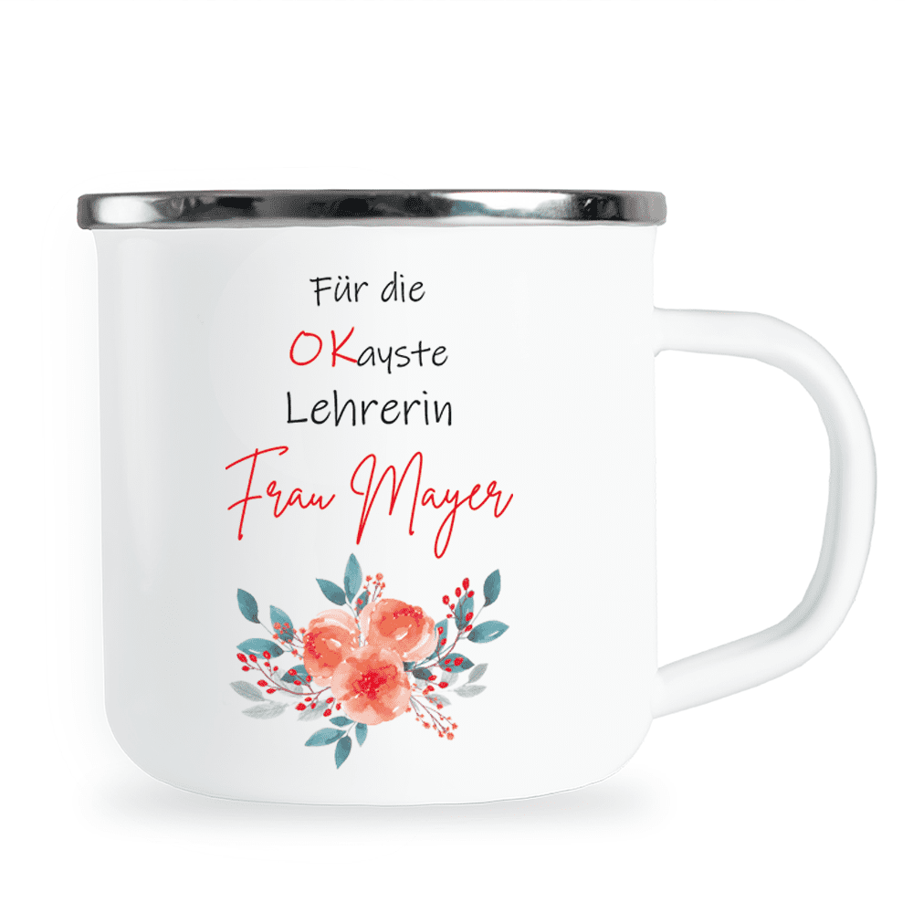 Emaille-Tasse, Name, personalisiert, Trinkbecher, Geschenk-Idee, Geburtstag, Weihnachten, Berufe, Geschenk, Einschulung, Schulanfang, Abschieds-Geschenk, Volksschule, Schulkinder, Erzieher, Erzieherin, Pädagoge, Pädagogin, Lehrer, Lehrerin, Danke, beim Wachsen geholfen, tolle Zeit, Grundschule, Abschied, Sommerferien, 1. Klasse, 2. Klasse, 3. Klasse 4. Klasse