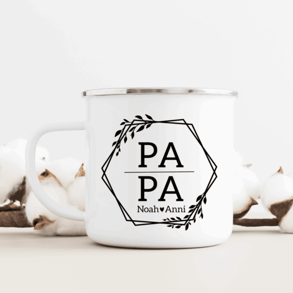 Geschenk-Idee, Papa, Dad, Kindernamen, Personalisiert, mit Name, Vatertag, Vater, Opa, Männer, Emaille, Trink-Becher, Küchen-Geschenk, Tasse, Kaffeetasse, Teetasse, Geburtstag, Baby, Papa to Be, Geburt, Kind,