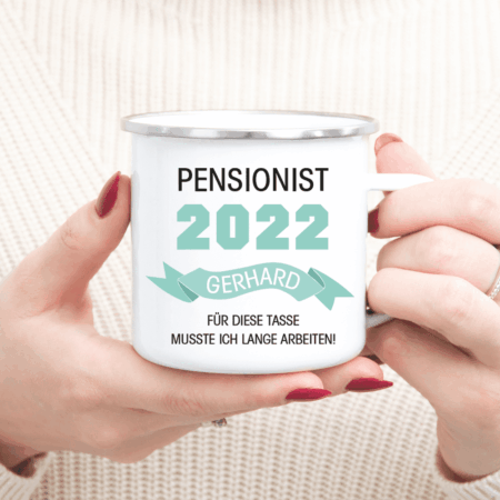 Abschieds-Geschenk, Geschenk-Idee Ruhestand Rente Pension Renteneintritt Männer Frauen Kollege Kollegin Vater Mutter Lehrer Chef Deko Emaille-Tasse Trink-Becher Pensions-Geschenk Oma Opa Pensionierung