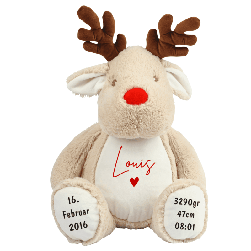 Renntier, Kuscheltier, Baby personalisiert, mit Name, Geburtsdatum, Geburts-Geschenk, Kinder, Geschenk, zur Geburt, Taufe, Plüschtier, Stofftier, Kinder-Geburtstag, Mädchen, Junge, Teddy-Bär, Einschulung, Kindergarten, KITA, Familie, Geburts-Kissen