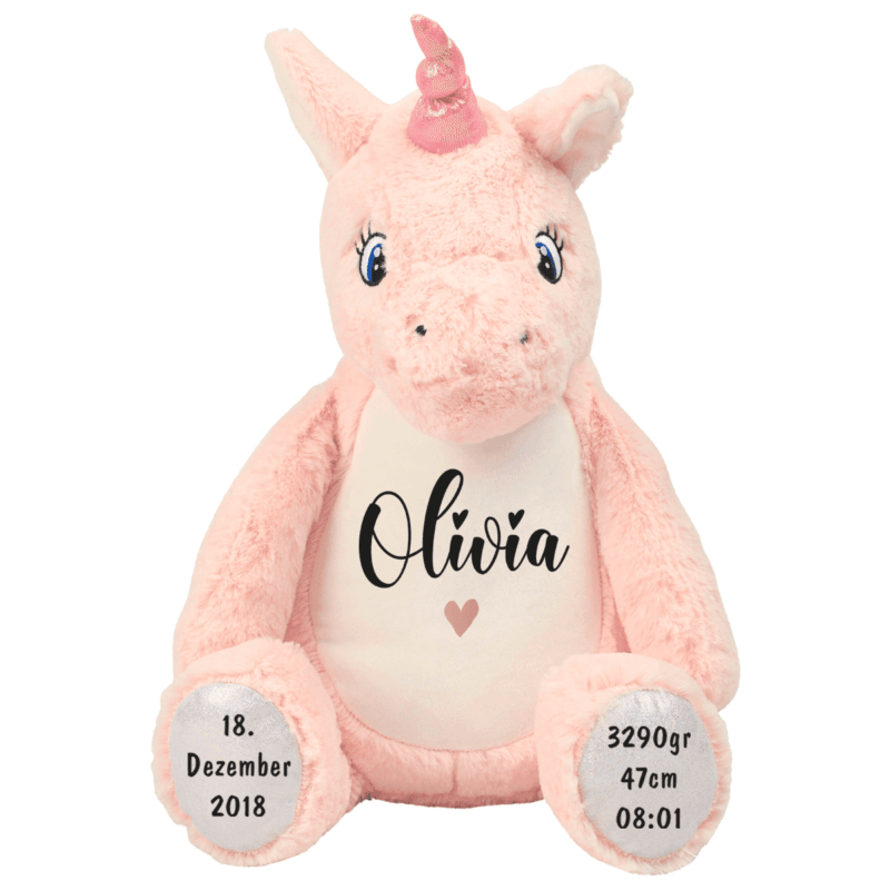 Einhorn, Kuscheltier, Baby personalisiert, mit Name, Geburtsdatum, Geburts-Geschenk, Kinder, Geschenk, zur Geburt, Taufe, Plüschtier, Stofftier, Kinder-Geburtstag, Mädchen, Junge, Teddy-Bär, Einschulung, Kindergarten, KITA, Familie, Geburts-Kissen