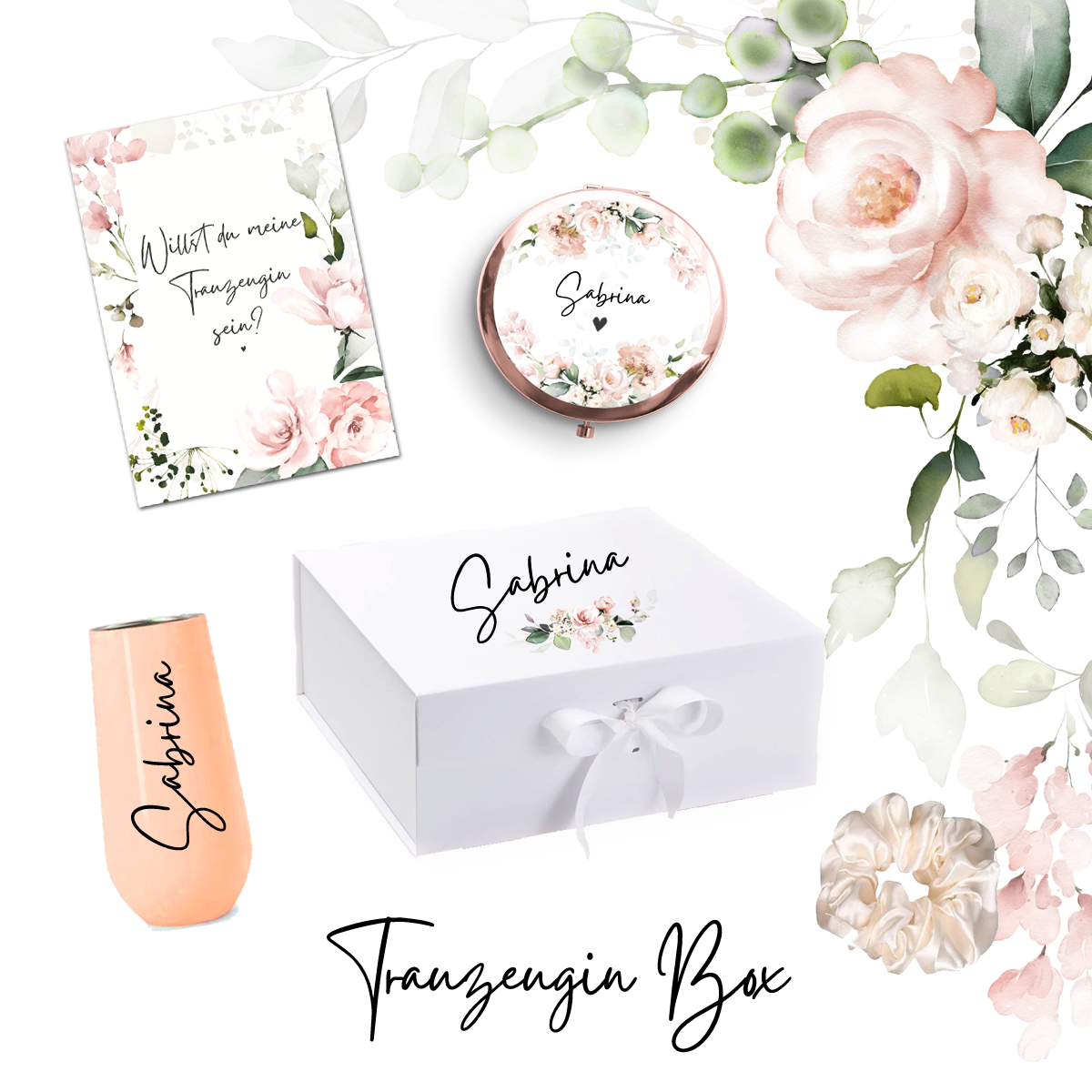 Trauzeugin Geschenk, Fragen, Ideen, Geschenk-Box, Brautjungfer, Überraschung, Geschenk-Set, Team Braut, Team Bride, Karte, Postkarte, Spiegel, Haargummi, Sektbecher, Bridesmaid, Hochzeit, personalisiert, mit Name