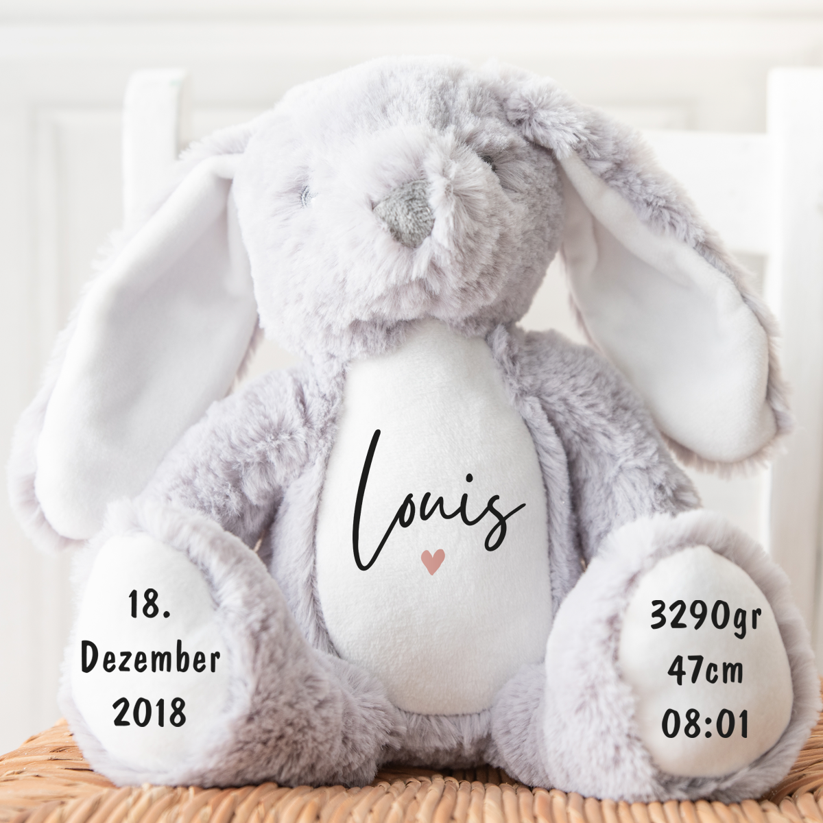 Hase, Kuscheltier, Baby personalisiert, mit Name, Geburtsdatum, Geburts-Geschenk, Kinder, Geschenk, zur Geburt, Taufe, Plüschtier, Stofftier, Kinder-Geburtstag, Mädchen, Junge, Teddy-Bär, Einschulung, Kindergarten, KITA, Familie, Geburts-Kissen