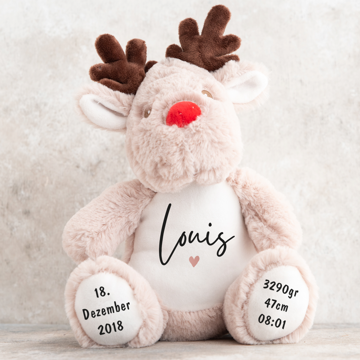 Renntier, Kuscheltier, Baby personalisiert, mit Name, Geburtsdatum, Geburts-Geschenk, Kinder, Geschenk, zur Geburt, Taufe, Plüschtier, Stofftier, Kinder-Geburtstag, Mädchen, Junge, Teddy-Bär, Einschulung, Kindergarten, KITA, Familie, Geburts-Kissen