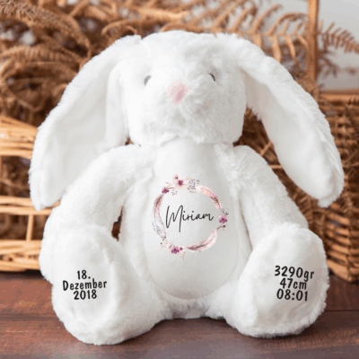 Hase, Kuscheltier, Baby personalisiert, mit Name, Geburtsdatum, Geburts-Geschenk, Kinder, Geschenk, zur Geburt, Taufe, Plüschtier, Stofftier, Kinder-Geburtstag, Mädchen, Junge, Teddy-Bär, Einschulung, Kindergarten, KITA, Familie, Geburts-Kissen